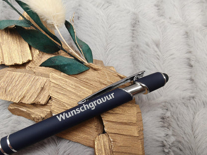 Kugelschreiber personalisiert mit Touchpen dunkelblau aus Aluminium mit Gravur Kuli Stift Holz Gastgeschenk Geschenk
