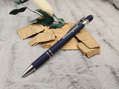 Kugelschreiber personalisiert mit Touchpen dunkelblau aus Aluminium mit Gravur Kuli Stift Holz Gastgeschenk Geschenk