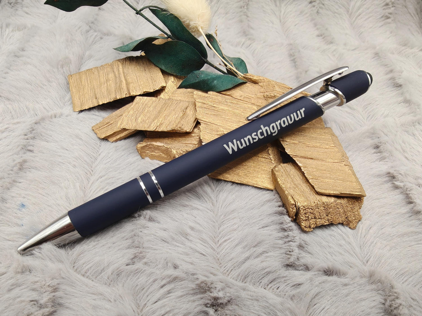 Kugelschreiber personalisiert mit Touchpen dunkelblau aus Aluminium mit Gravur Kuli Stift Holz Gastgeschenk Geschenk